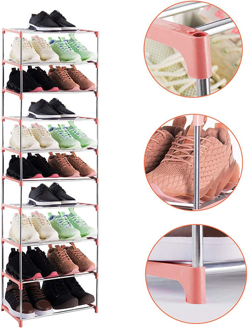 Xerhnan 10-Tier Stackable Small Shoe Rack, Lightweight Shoe Shelf Storage Organizer for Entryway, Hallway and Closet (Pink)