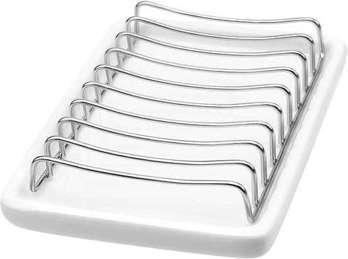 Slideep Ceramic Soap Dish Holder, Stainless Steel Soap Bar Holder for Bathroom and Shower, Double Layer Draining Soap Box