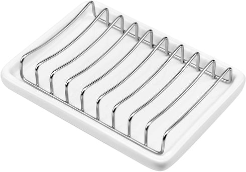 Slideep Ceramic Soap Dish Holder, Stainless Steel Soap Bar Holder for Bathroom and Shower, Double Layer Draining Soap Box