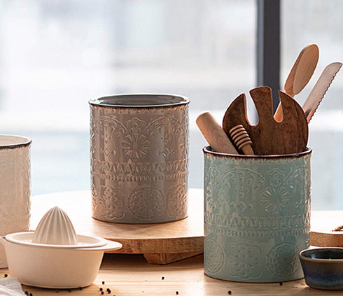DOWAN Kitchen Utensil Holder, 7.2? Extra Large Utensil Holders for Countertop, Heavy Ceramic Utensil Crock, Anti Slip & Scratch Cork Bottom, Grey Utensil Organizer for Home Décor