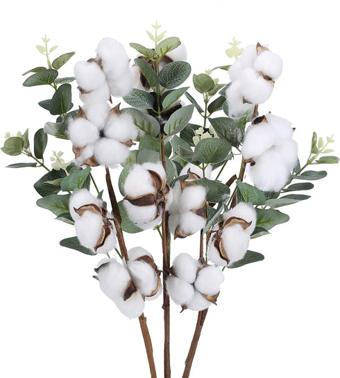 GTIDEA 18.3" Cotton Plant Decor 12 Balls Cotton Flower Stems Farmhouse Greenery Flowers with Eucalyptus Leaves Artificial Floral Arrangement for Home Party Wedding Wreath Wall Decor (3 Pcs)