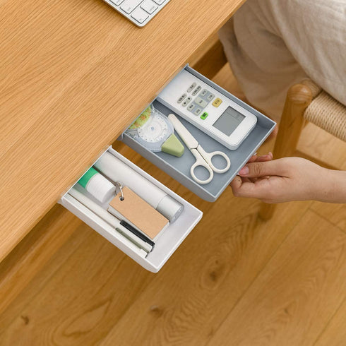 Handy Stick On Plastic Hidden Drawer, Set of 2 Self Adhesive Mini Attachment Drawers, Convenient Office Under Desk Shelf Organizer Large Grey Small White Drawers Unit For Desktop Organizer