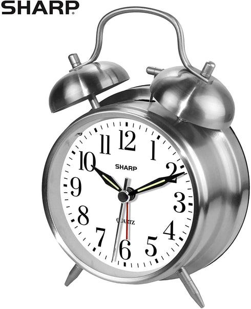 Sharp Twin Bell Alarm Clock - Loud Alarm - Great for Heavy Sleepers - Battery Operated Quartz Analog ¦ (Brushed Silver)