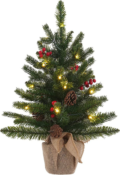 24 Inch 2FT Pre-lit Mini Christmas Tree, DEWBIN Small Christmas Tree with 20 LED Lights and Cloth Bag Base, Tabletop Christmas Pine Tree, Xmas Decorations for Fireplace, Home Decor Indoor