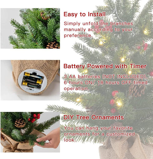 24 Inch 2FT Pre-lit Mini Christmas Tree, DEWBIN Small Christmas Tree with 20 LED Lights and Cloth Bag Base, Tabletop Christmas Pine Tree, Xmas Decorations for Fireplace, Home Decor Indoor