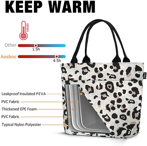 Aosbos Leopard Lunch Bags for Women, Leakproof Insulated Lunch Box Lunch Tote Bag Lunch Cooler Bags, Meal Prep Container Loncheras Para Mujer for Work Travel Picnic Gym, Leopard Print