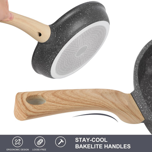 Nonstick Frying Pan Skillet, Granite Coating Egg Omelette Pan 11 Inch Nonstick Pan with Woodgrain Handle, Non Stick Skillet for All Stove Tops, PTFE PFOA Free, Stone Cookware Induction Compatible