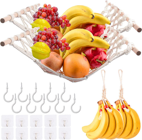 2PCS Macrame Fruit Hammock for Kitchen Under Cabinet, Hanging Fruit Hammock With Banana Hanger Hook Hanging Fruit Basket for Fruits Veggies