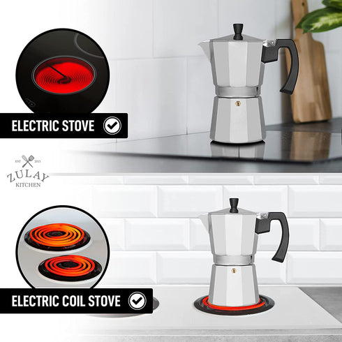 Zulay Classic Stovetop Espresso Maker for Great Flavored Strong Espresso, Classic Italian Style 3 Espresso Cup Moka Pot, Makes Delicious Coffee, Easy to Operate & Quick Cleanup Pot (Silver)