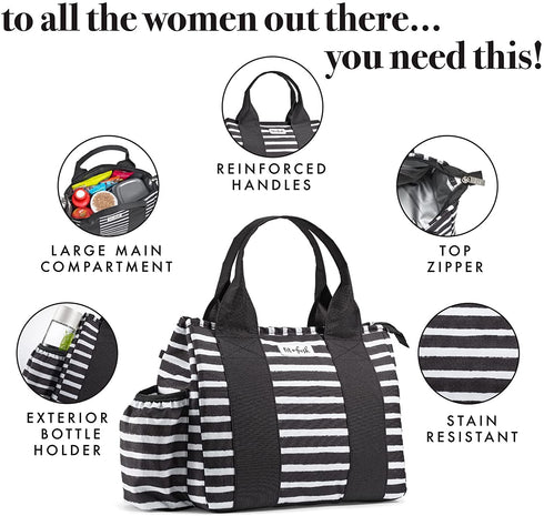 Fit + Fresh Sanibel Insulated Lunch Bag, Lunch Bag for Women Includes 2 Food Containers, Reusable Lunch Box, Perfect for Work, School, Beach & More, Black Stripe