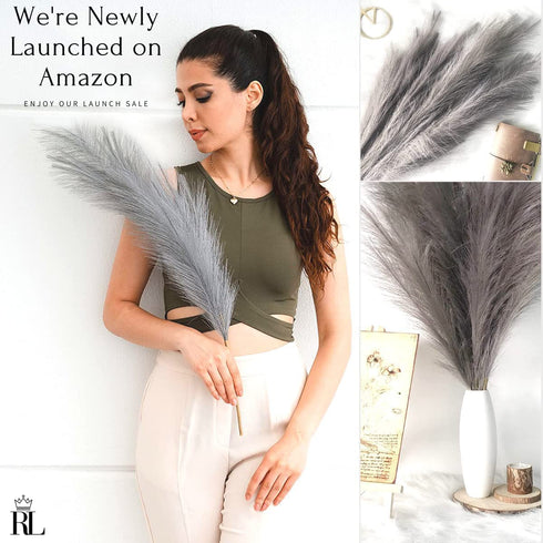 Dried Pampas Grass Decor - Royal Grey Faux Pampas Grass - 4 Pc Set Beautiful Dried Pampas Grass Small - Vase Fillers for Home Decor - 18" Total - Glam Decor - Regal Living Inc
