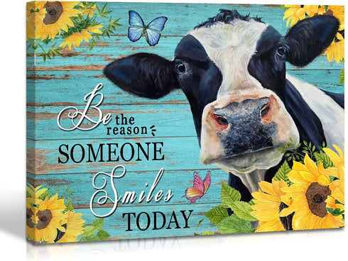 Qute Cow Flower Picture Canvas Print Motivational Quotes Wall Decor Art Sunflowers Animal on Green Wood Board Painting Modern Artwork for Bathroom Living Room Office Decoration, Framed 1 pcs 12x16