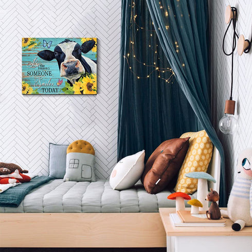 Qute Cow Flower Picture Canvas Print Motivational Quotes Wall Decor Art Sunflowers Animal on Green Wood Board Painting Modern Artwork for Bathroom Living Room Office Decoration, Framed 1 pcs 12x16