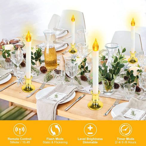 Window Candles for Christmas Decorations, Deaunbr Battery Operated 6 Pack LED Lights Electric Taper Flameless Candle with 2 Remote,Timers,6 Holders for Valentine's Day, Home Party Decor - White & Gold