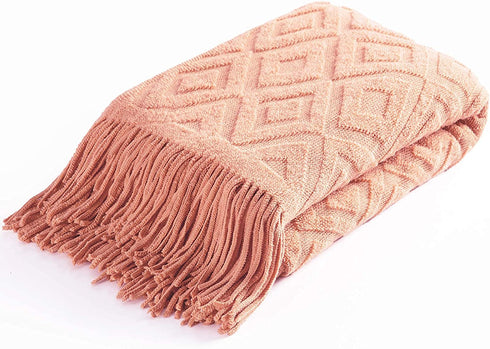 BRSnugU Throw Blanket for Couch,Warm & Cozy Fluffy Acrylic Knitted Bed Throws with Tassels for Sofa,Decor,Travel,All Seasons Suitable for Adults and Kids,50"x60",Coral