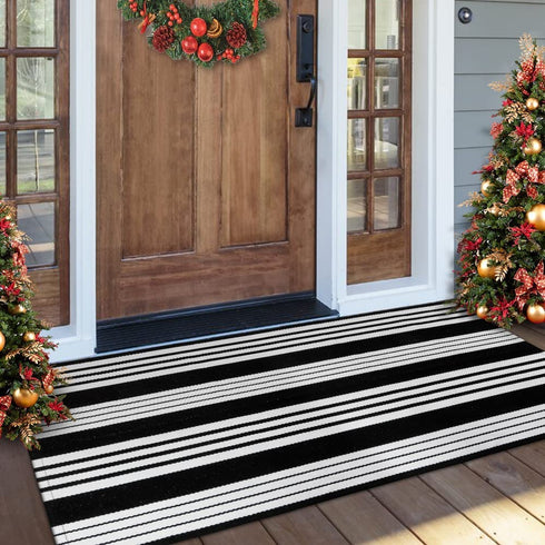 OJIA Cotton Black and White Striped Rug 24'' x 51''Hand-Woven Indoor/Outdoor Area Rug Layered Door Mats for Front Porch/Entryway/Laundry Room/ Bedroom/Outdoor