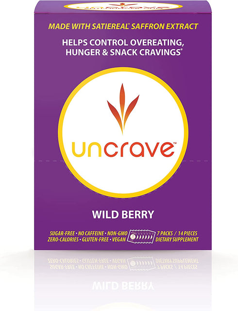 UnCrave Anti-Hunger Gum with Satiereal Saffron Extract - Control Compulsive Snacking, Overeating and Cravings for Healthy Weight Management - Improve Mood - Wild Berry, Box of 7 Packs