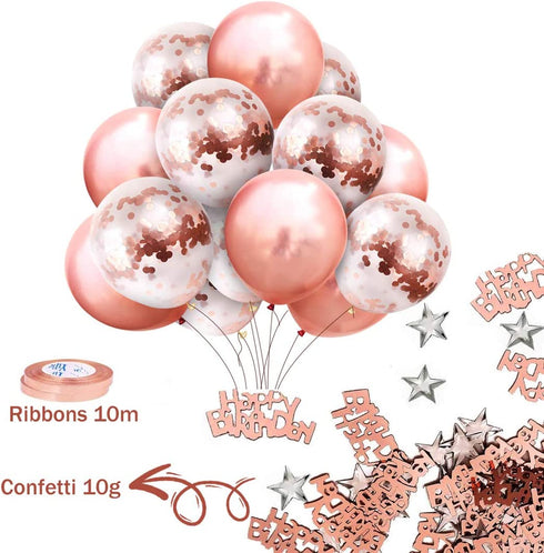 MOVINPE Rose Gold Birthday Party Decoration, Happy Birthday Banner, Rose Gold Fringe Curtain, Foil Tablecloth, Heart Star Foil Confetti Balloons, 10g Table Confetti for Women Girl Birthday Party
