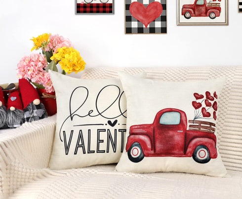4TH Emotion Valentines Day Pillow Covers 18x18 Set of 4 Hello Valentine Spring Farmhouse Decor Red Love Truck Holiday Decorations Throw Cushion Case for Home Decorations TH076