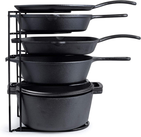 Heavy Duty Pan Organizer, Extra Large 5 Tier Rack - Holds Cast Iron Skillets, Dutch Oven, Griddles - Durable Steel Construction - Space Saving Kitchen Storage - No Assembly Required - Black 15.4-inch