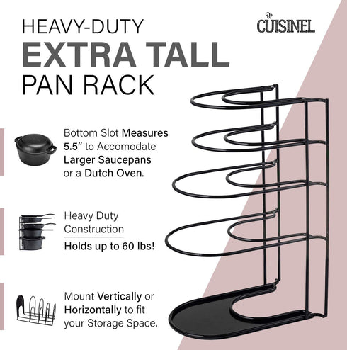 Heavy Duty Pan Organizer, Extra Large 5 Tier Rack - Holds Cast Iron Skillets, Dutch Oven, Griddles - Durable Steel Construction - Space Saving Kitchen Storage - No Assembly Required - Black 15.4-inch