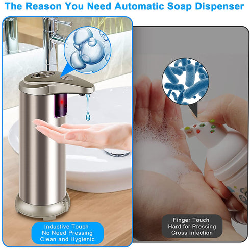 Soap Dispenser, Touchless Automatic Soap Dispenser, Waterproof Base Stainless Steel Infrared Sensor Type Adjustable Soap Dispenser for Family Restaurants