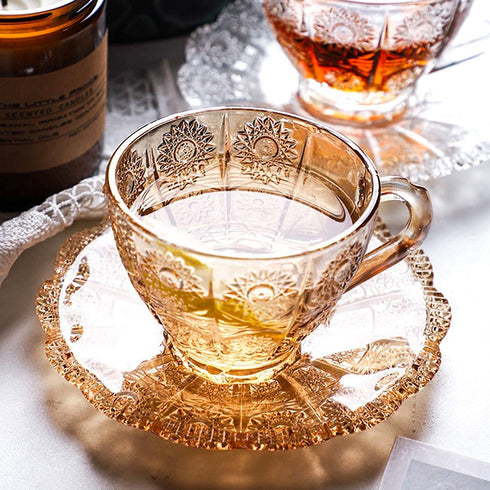 Vintage Glass Sun Flower Tea Cup, Glass Tea Cup and Saucer Set, Coffee Mug Cup-Embossed Glass, 7.2 oz (Amber)