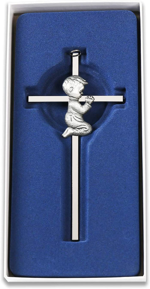 TRULIVA Silver Boy Wall Cross, Blessing Baby Plaque Wall Decor, for First Holy Communion, Baptism Cross for Boy, Birthday, Baby Shower, Christening(Boy)