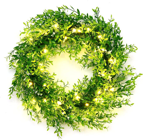 Kurala 20 Inches Artificial Green Leaf Wreath with 40 Led Lights and Timer Battery Operated Front Door Wall Window Party Decoration