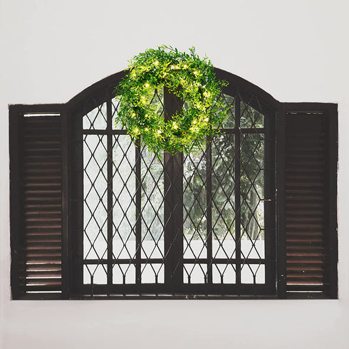 Kurala 20 Inches Artificial Green Leaf Wreath with 40 Led Lights and Timer Battery Operated Front Door Wall Window Party Decoration