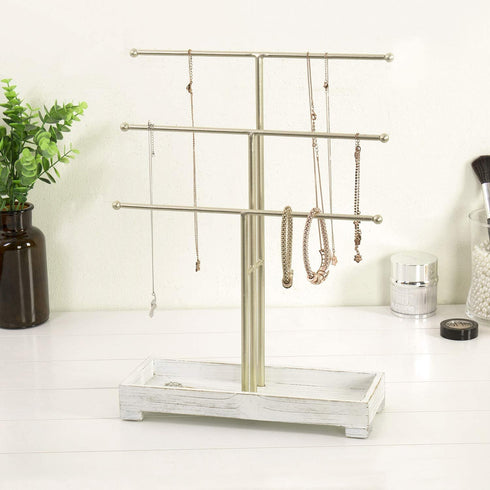 MyGift 3-Tier Gold Metal Jewelry Organizer Stand, Necklace and Bracelet Hanging Bar with Vintage White Wood Ring Tray