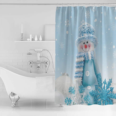 Libaoge Christmas Shower Curtain Bathroom Decor Christmas Cute Snowman Winter Snoflake Blue Shower Curtains Waterproof Polyester Fabrics Bath Curtain Bath Curtain with Hooks 72x72in