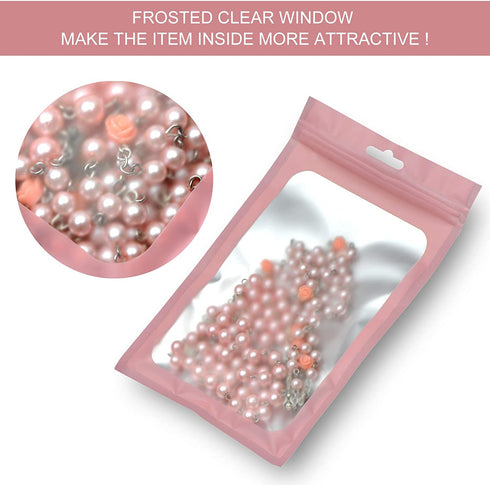 100-pack resealable mylar bags with front window Smell Proof bag packaging pouch bag for lip gloss eyelash cookies sample food jewelry electronics |flat|cute|(Pink, 3.54—4.72 inches)