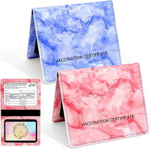 Ecqizer 2 Pack CDC Vaccination Card Protector, 4 X 3" Immunization Record Vaccine Card Holder, Marbling PU Leather ID Card Holder Badge Holders for Protecting Vaccine Certificate (Pink, Blue)