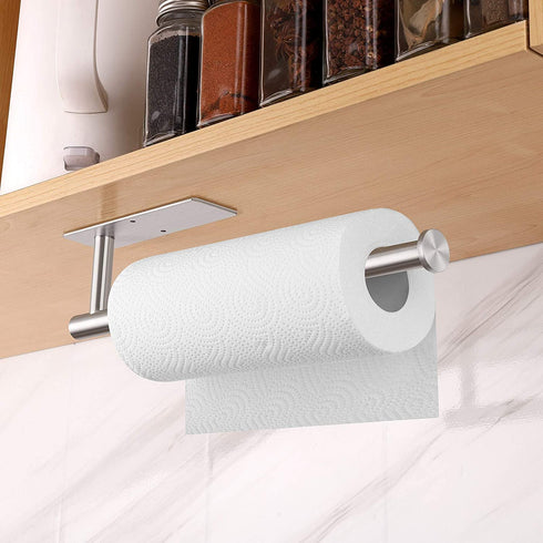 Under Cabinet Paper Towel Holder - Self Adhesive or Drilling, SUS304 Stainless Steel Wall Mount Silver Towel Paper Holder for Kitchen, Pantry, Sink, Bathroom