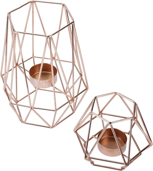 Homtone Metal Wire Tealight Candle Holders Centrepiece for Tables Decor,Gold Geometric Shape Holders for Living Room Bathroom Decorations,Set of 2 (Rose Gold)