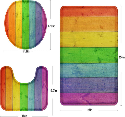 Britimes Bathroom Rug Set of 3, 3 Pieces Bath Mats Set for Bathroom, Rainbow Wood Plank Texture No Silp Washable Cover Floor Rug Decorations for Kitchen Bathroom Bedroom