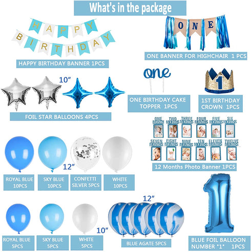 JOYYPOP 1st Birthday Boy Decorations 66PCS Blue 1st Birthday Decorations for Boy with 12 Months Photo Banner, 1st Birthday Baby Crown, ONE Cake Topper, 1st Birthday Highchair Banner