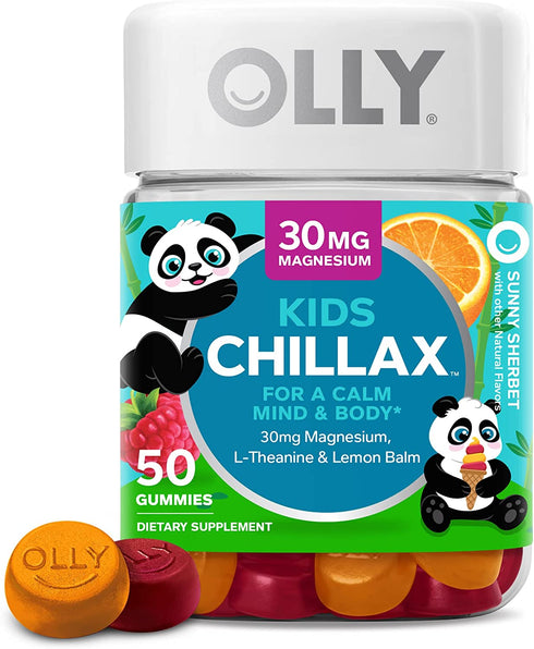 OLLY Kids Chillax, Magnesium Gummies Plus L-Theanine, Lemon Balm, Calm Chews for Kids 2+, Sherbet Flavor - 50 Count