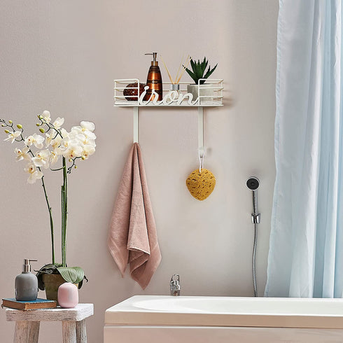 TJ.MOREE Ironing Board Hanger Wall Mount - Laundry Room Decor Iron and Ironing Board Holder, Metal Wall Mount with Large Storage White Wooden Base Basket and Removable Hooks (White)