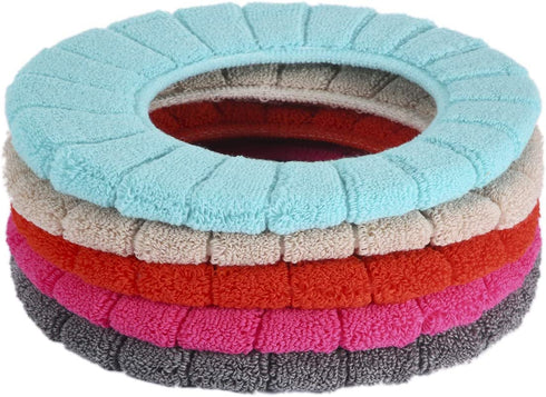 ZeeDix 5 Pcs Thicker Bathroom Soft Toilet Seat Cover Pad-Warmer StretchableFibers Easy Installation Cushioned Lid Covers, Washable and Comfortable Toilet Seat Cover Pads (5 Random Color)
