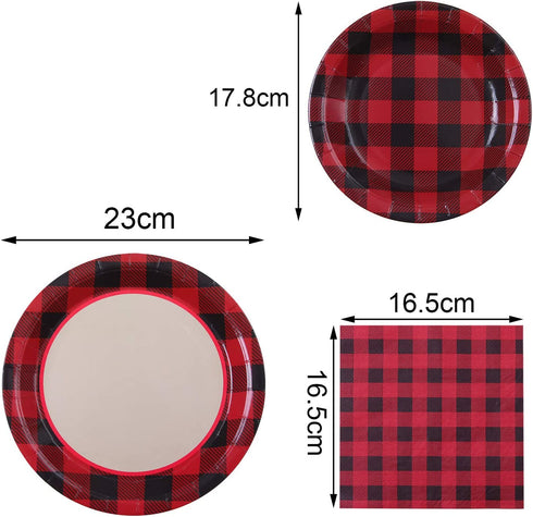 Aneco 98 Pieces Red and Black Plaid Party Supplies Party Tableware Paper Plates and Napkins for 24 Guests