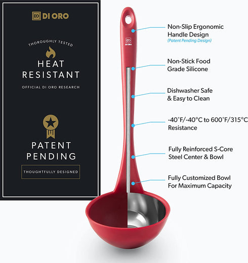 New DI ORO Seamless Series Silicone Kitchen Soup Ladle 600°F Heat-Resistant Serving and Rubber Cooking Spoon Maximum Bowl Capacity Dishwasher Safe with a Heavy-Duty Stainless-Steel Core (Red)
