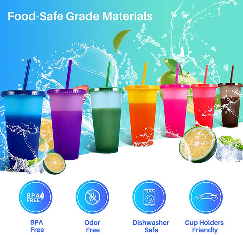 Color Changing Tumblers Cups with Lids & Straws - 7 Reusable Bulk Tumblers Plastic Cold Tumbler Cup Set for Adults Kids | 24oz Tumbler with Straw