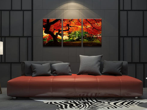 Pyradecor 3 Piece Giclee Canvas Prints Wall Art Paintings Ready to Hang for Living Room Home Decor - Red Maple Trees Large Modern Stretched and Framed Contemporary Landscape Pictures on Canvas Artwork