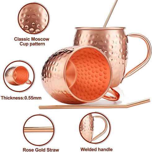 Moscow Mule Copper Mugs, Beer Glasses, Gift Set of 2, 16 oz, Food Safe HandCrafted Hammered Mug Pure Solid Copper Beer Mugs Wine Tumbler Cups, xmas Gift Set With 2 Cocktail Copper Straws