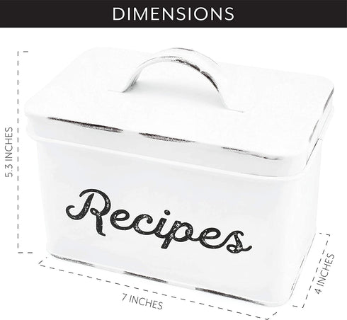 AuldHome Rustic White Recipe Box; Enamel Farmhouse Recipe Holder and Organizer for 4 x 6 Inch Recipe Cards