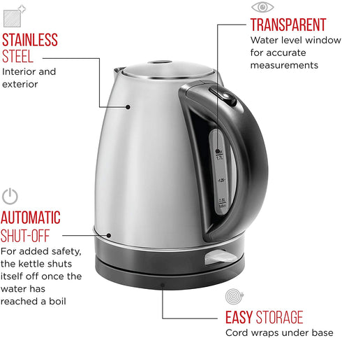 Chefman Stainless Steel Electric Kettle w/ 360° Swivel Base, Auto Shut Off & Boil Dry Protection, BPA-Free Interior and Cool-Touch Handle, 7+ Cup Capacity, 1.7 Liter, 1500W