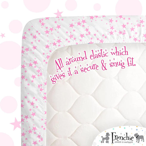 Frenchie Mini Couture Fitted Crib Sheets 100% Woven Cotton Fits Toddler Mattress, Pink Stars, 28 x 52in, 2-Pack