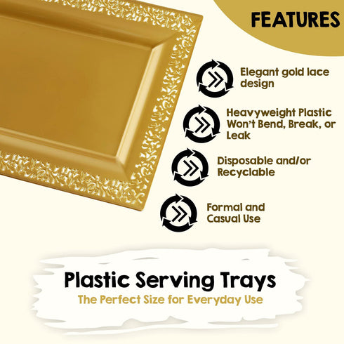 4 (pk) Yumchikel 14" x 7.5" Gold Lace Rim Plastic Serving Trays & Platters | Heavy Duty Disposable Decorative Dessert Tray - Party Platters for Upscale Parties Weddings